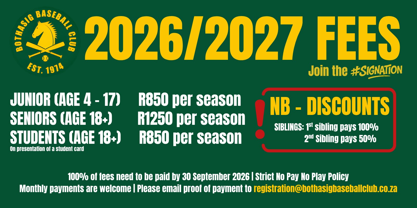 2026/2027 fees — Junior R850, Seniors R1250, Students R850 per season